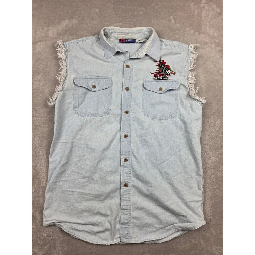 Cotton Heritage Denim Vest Mens M Light Blue Sturgis 2007 Biker Frayed Cutoff